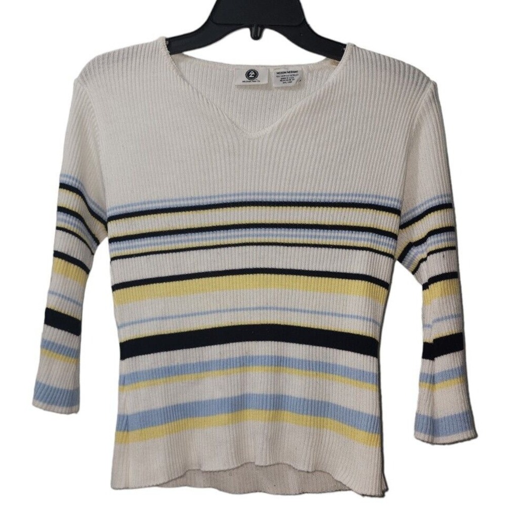 Arizona Jean‎ Co. Striped Knit Top V-Neck 3/4 Sleeve Pullover Sweater Medium